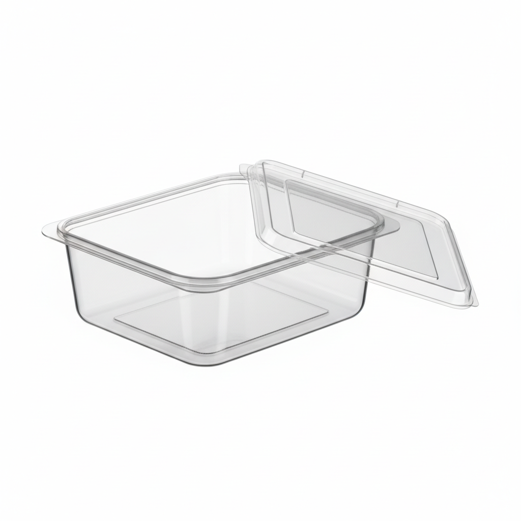 Rectangular transparent PLA 750ml lid open