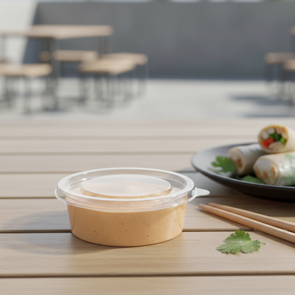 Round transparent PLA 50ml container with sauce lifestyle