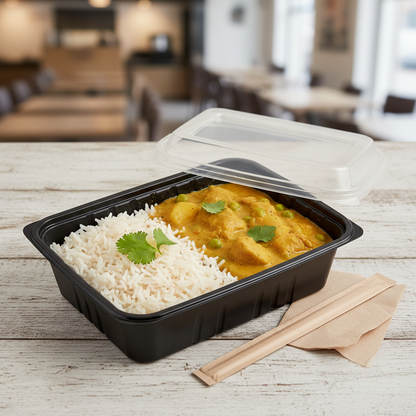 Rectangular black PLA 500ml with rice and curry lifestyle