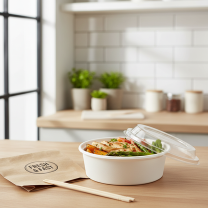 Round white PLA 250ml container with food lifestyle