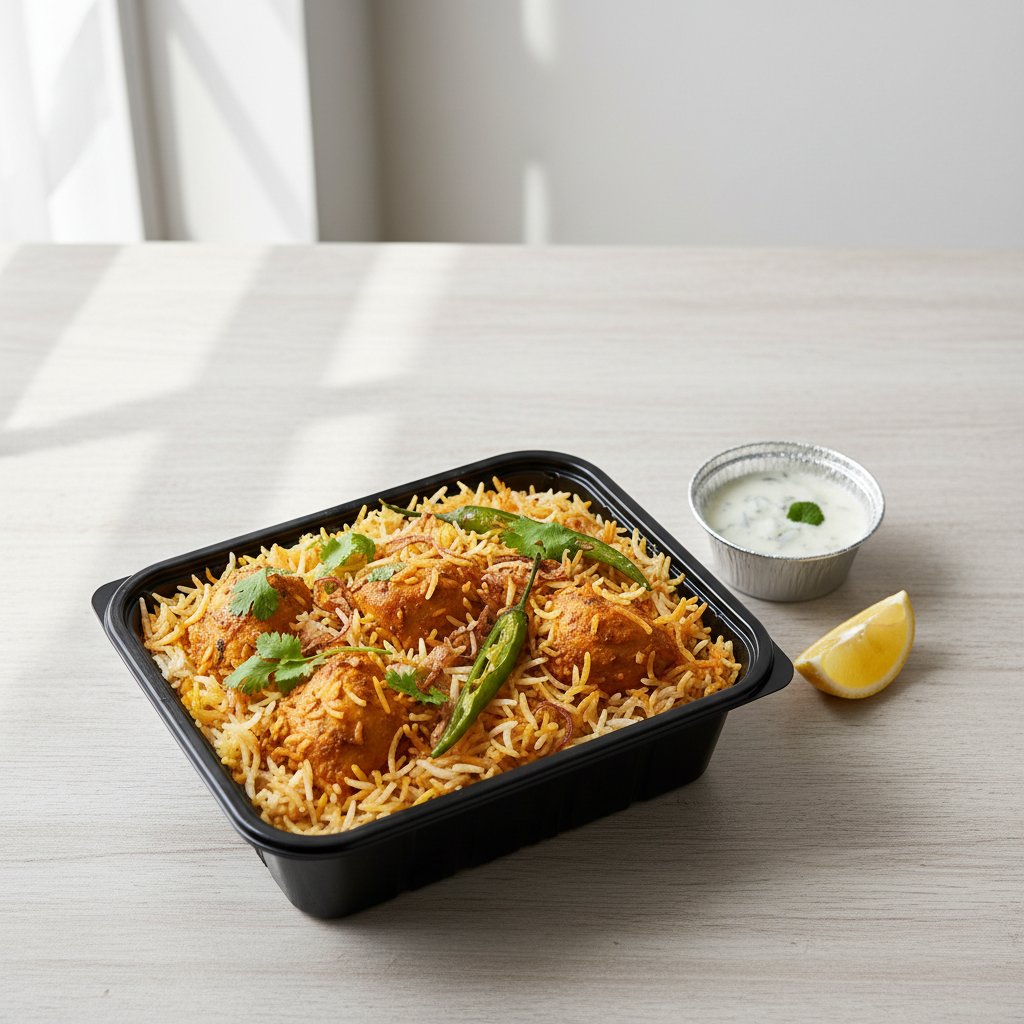 Rectangular black PLA 700ml with biryani lifestyle