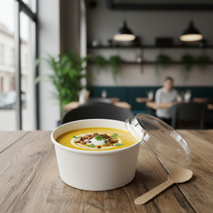Round white PLA 300ml container with food lifestyle