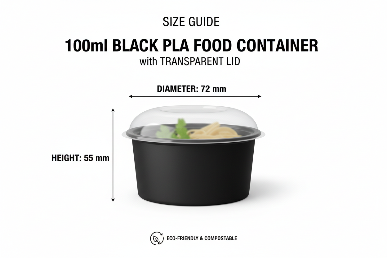 Size guide for black 100ml PLA container with transparent lid