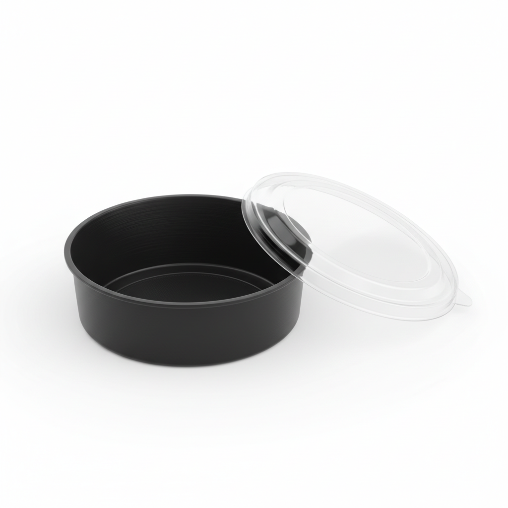 Round black 250ml PLA container lid open