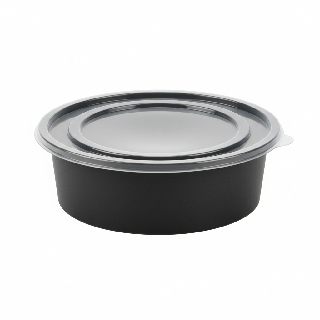 Round black PLA food container 500ml with transparent lid