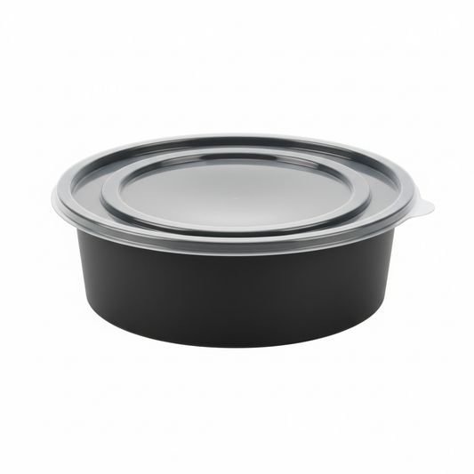 Round black PLA food container 500ml with transparent lid