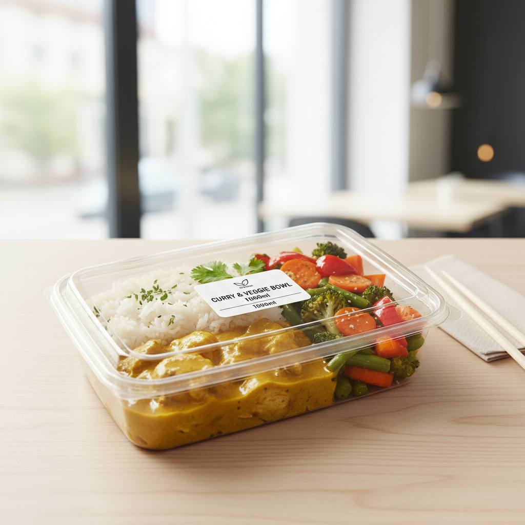 Rectangular transparent PLA 1000ml with full meal lifestyle