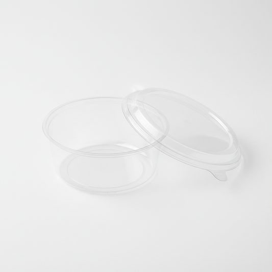 Round transparent 750ml PLA container lid open