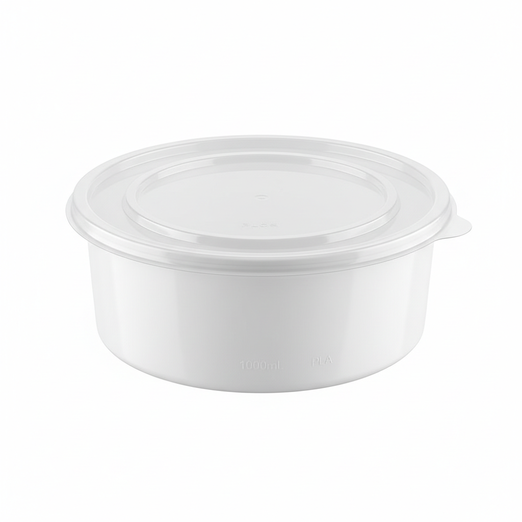 Round white PLA food container 1000ml with transparent lid
