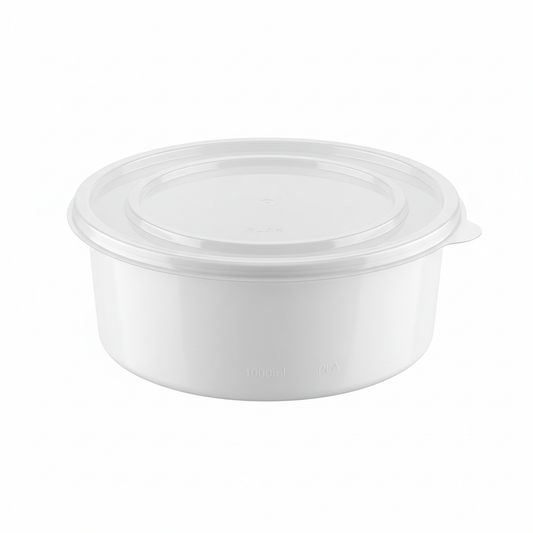 Round white PLA food container 1000ml with transparent lid