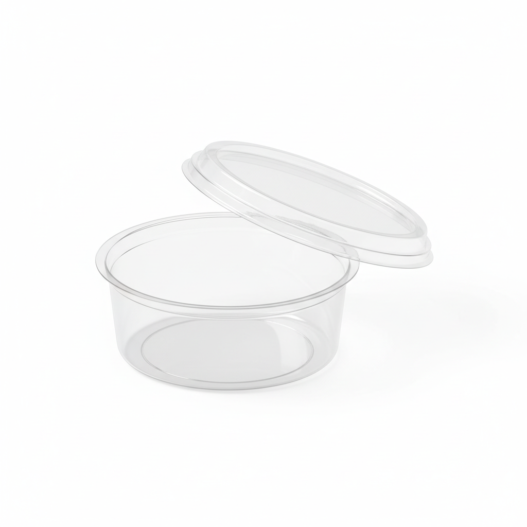 Round transparent 100ml PLA container lid open