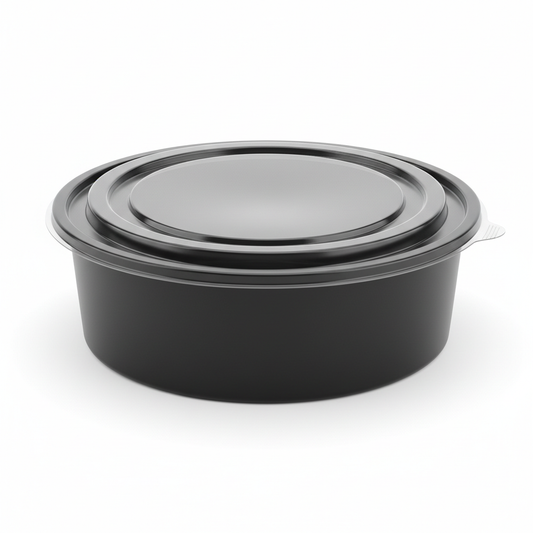 Round black PLA food container 1000ml with transparent lid