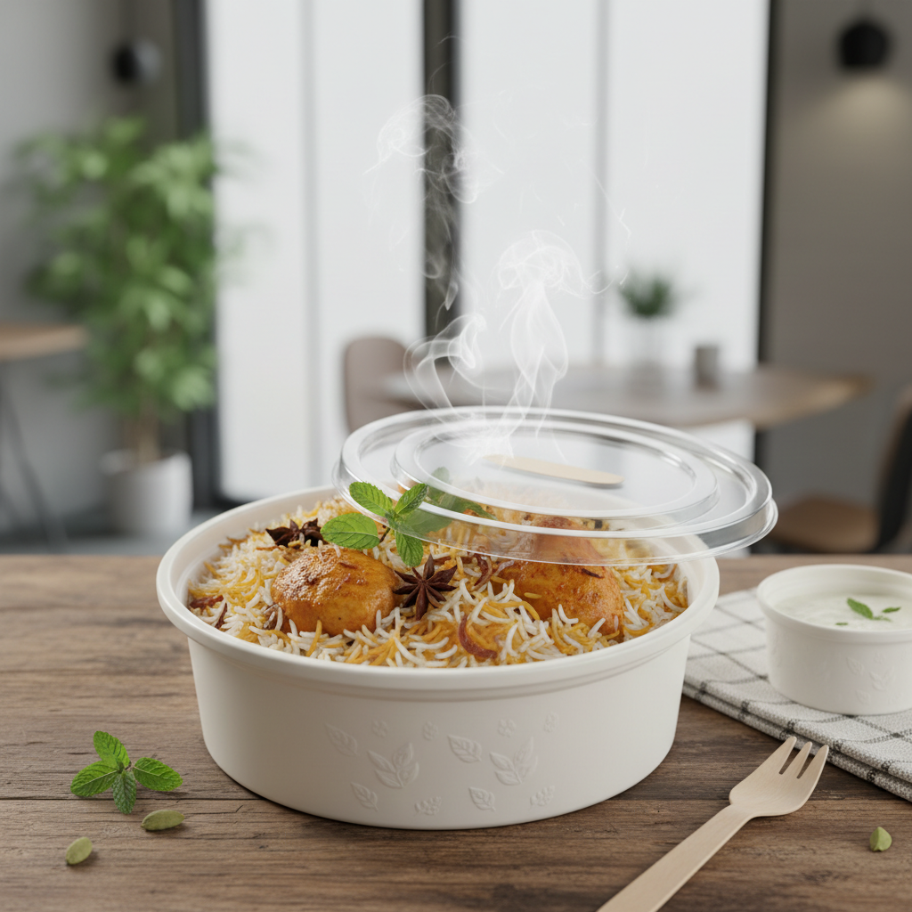 Round white PLA 750ml container with biryani lifestyle
