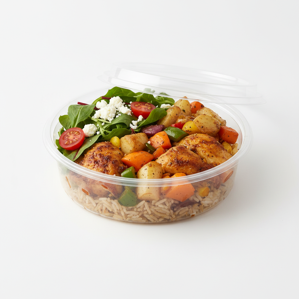 Round transparent PLA 1500ml container with catering lifestyle