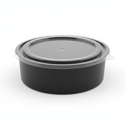 Round black PLA food container 1500ml with transparent lid