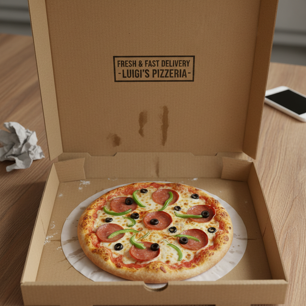 8 inch pizza box open with pizza inside