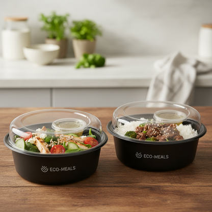 Round black PLA 250ml container with food lifestyle